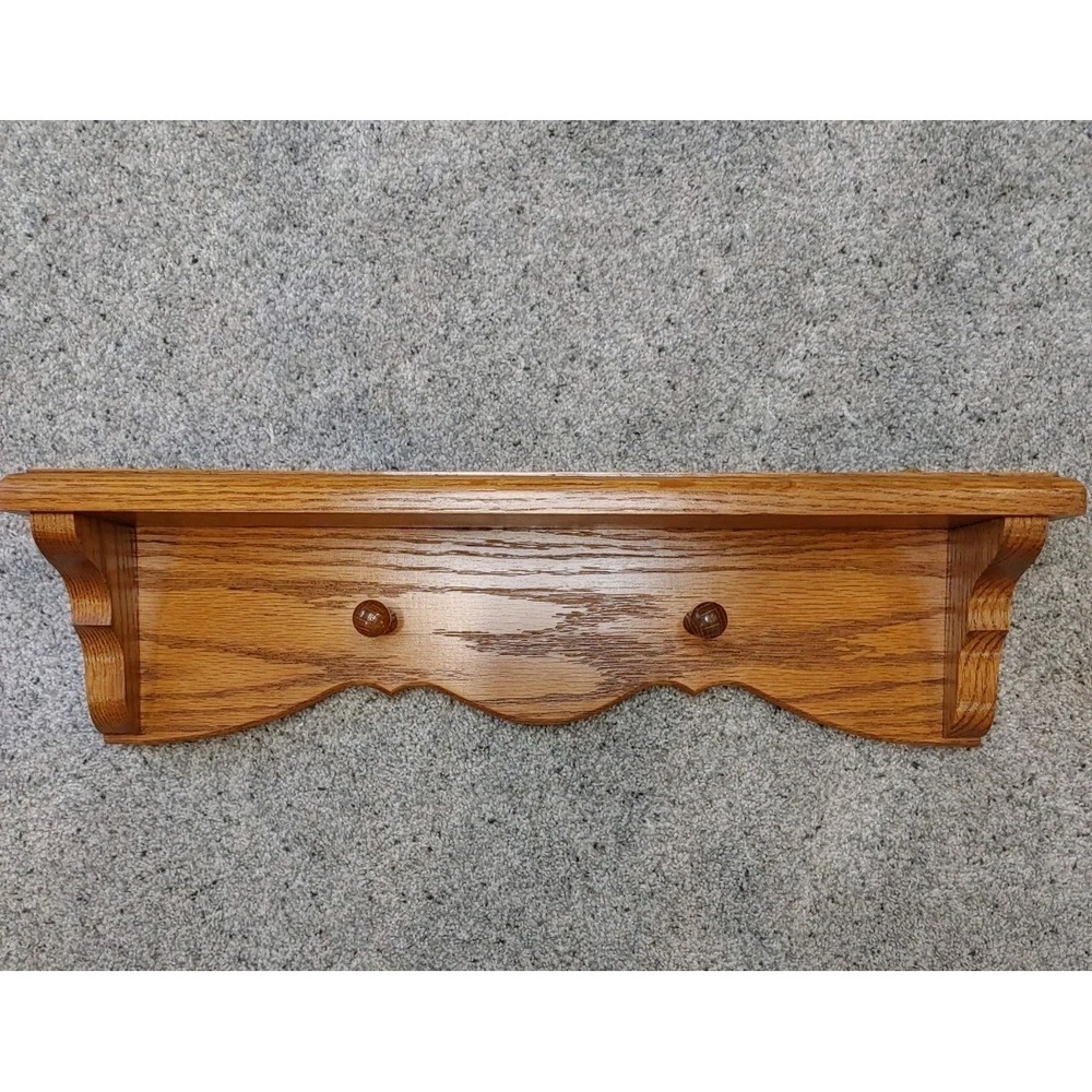 Handcrafted Wood Wall Decor Shelf 19" Solid Oak Scalloped Rustic Farmhouse Pegs